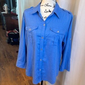 Chaps Women's Blue Button-Down 100% Linen Shirt, Large, EUC